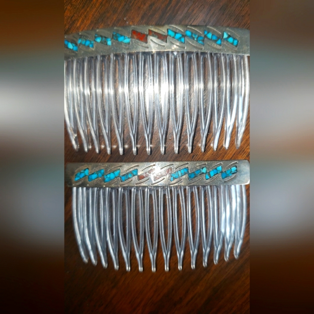 Turquoise and coral sterling silver Navaho hair combs by Joleen yazzie